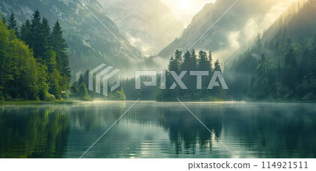 Scenery of Lake, Forest and Mountains 114921511