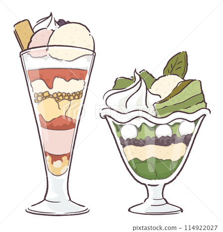 Colorful fruit parfait and matcha cheese parfait Colorful fruit parfait and matcha cheese parfait 114922027
