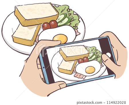 用智慧型手機相機手工拍攝一盤烤麵包、培根和雞蛋 用智慧型手機相機手工拍攝一盤烤麵包、培根和雞蛋 114922028