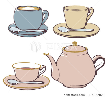 拿鐵咖啡、咖啡、茶和壺裝在朦朧的彩色杯子裡 114922029