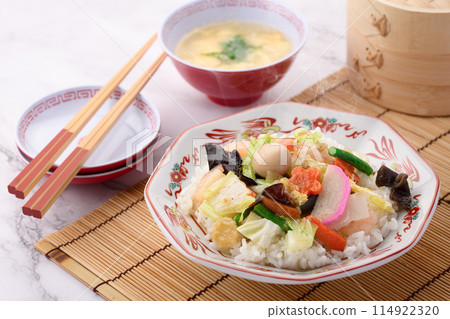 Chinese rice bowl: A Japanese-style Chinese dish of eight treasures served on top of white rice Chinese rice bowl: A Japanese-style Chinese dish of eight treasures served on top of white rice 114922320