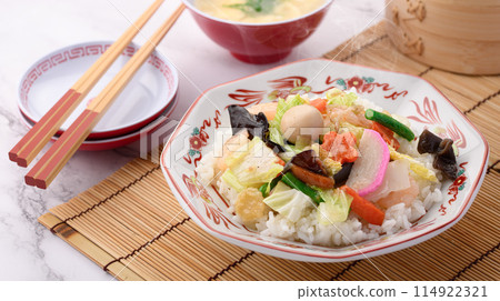Chinese rice bowl: A Japanese-style Chinese dish of eight treasures served on top of white rice Chinese rice bowl: A Japanese-style Chinese dish of eight treasures served on top of white rice 114922321
