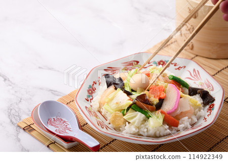 Chinese rice bowl: A Japanese-style Chinese dish of eight treasures served on top of white rice Chinese rice bowl: A Japanese-style Chinese dish of eight treasures served on top of white rice 114922349