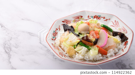 Chinese rice bowl: A Japanese-style Chinese dish of eight treasures served on top of white rice Chinese rice bowl: A Japanese-style Chinese dish of eight treasures served on top of white rice 114922362