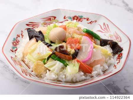 Chinese rice bowl: A Japanese-style Chinese dish of eight treasures served on top of white rice Chinese rice bowl: A Japanese-style Chinese dish of eight treasures served on top of white rice 114922364