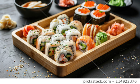 Bamboo Plate with Sushi 114922376