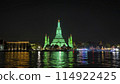 Wat Arun Temple beside Chao Phraya River at twilight time in Bangkok, Thailand. 114922425