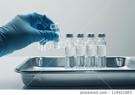 A hand wearing blue medical gloves holds a glass vial containing liquid, with a group of small bottles on a metal tray over a white background. Antiviral medicine or cold medicine in small bottle tray 114922863