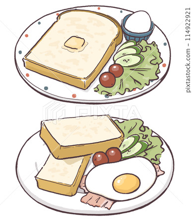 Plate of toast, boiled eggs and salad / Plate of toast, bacon and eggs and salad 114922921