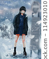 Woman in coat and uniform posing in the snow 114923010