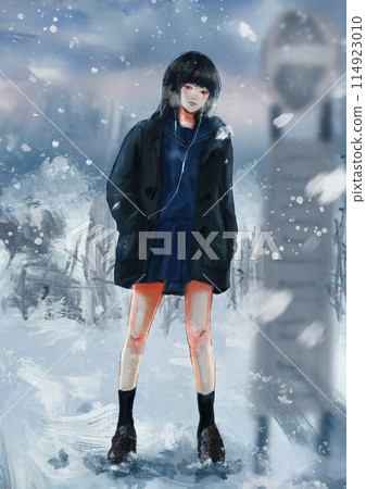 穿著外套和製服的女人在雪中擺姿勢 114923010