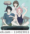 A trio of men and women watching TV and a cat 114923011