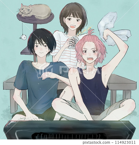 A trio of men and women watching TV and a cat 114923011