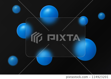 Glass morphism website landing page template. Frosted glass partition with floating blue spheres. 114923201