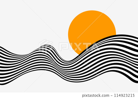 Optical illusion of a distorted wave. Abstract horizontal black and white stripes. 114923215