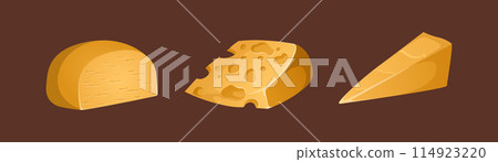 Different types of cheeses vector set. Colorful and bright illustration in realistic style. Ideal for posters and banner, menu of cafe and shops Different types of cheeses vector set. Colorful and bright illustration in realistic style. Ideal for posters and banner, menu of cafe and shops 114923220