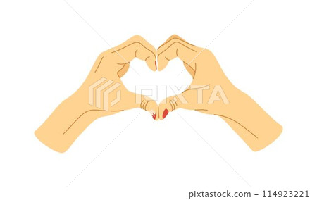 Two hands making heart sign. Love, romantic concept. Colorful male manicure, trendy nails. Vector illustration. 114923221
