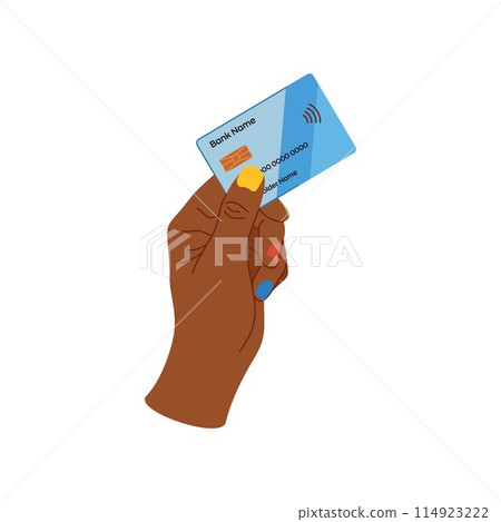 Credit card in mans hand with painted nails. Male manicure, trendy nails. Vector illustration. Black-skinned, african man, diversity Credit card in mans hand with painted nails. Male manicure, trendy nails. Vector illustration. Black-skinned, african man, diversity 114923222