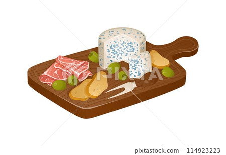 Colorful illustration of cheeses and other snacks on the cutting board. Hammon, blue cheese, bread, olives and grape in realistic style. Vector illustration. 114923223