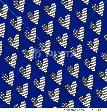 Patriotic American Flag Heart Print. 4th of July Celebration Design. USA United States Patriotic Star Pattern. Independence Day Graphic. Patriotic Seamless Wallpaper. Vector illustration 114923236