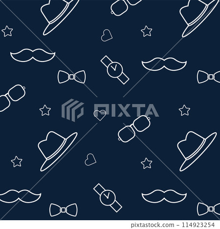 Add a touch of gentlemans style to your projects with this seamless wallpaper pattern featuring mustaches, bow ties, watches, and hats Add a touch of gentlemans style to your projects with this seamless wallpaper pattern featuring mustaches, bow ties, watches, and hats 114923254