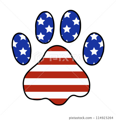 Patriotic Dog Paw Flag Graphic for 4th of July. American Flag Design for Independence Day. Puppy Paw Wall Art. Cute Animal Illustration. Memorial Day Star Banner with Dog Paw. Vector illustration 114923264