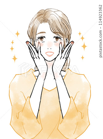 Middle-aged woman rejoicing with her hands on her face Middle-aged woman rejoicing with her hands on her face 114923362