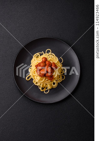 Delicious paste with soy meat with tomato sauce, salt and spices 114923466