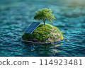 Sustainable Solar-Powered Island with a Tree in the Ocean, Highlighting Renewable Energy and Environmental Harmony 114923481