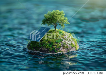 Sustainable Solar-Powered Island with a Tree in the Ocean, Highlighting Renewable Energy and Environmental Harmony Sustainable Solar-Powered Island with a Tree in the Ocean, Highlighting Renewable Energy and Environmental Harmony 114923481