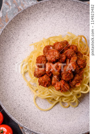 Delicious paste with soy meat with tomato sauce, salt and spices 114923482