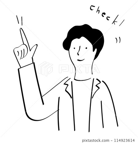 Line drawing of a man urging someone to check Line drawing of a man urging someone to check 114923614
