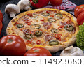 spicy chorrizo pizza with jalapeno peppers close-up.  114923680