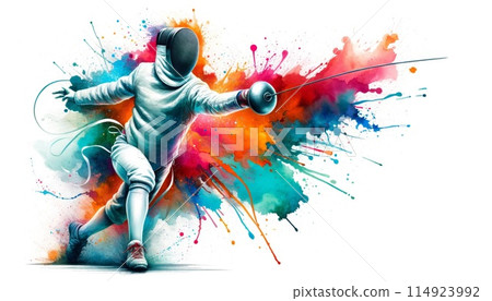 Artistic watercolor illustration of a fencer's swift strike, with vibrant splashes emanating from the blade, symbolizing motion and artistry. Generative AI Artistic watercolor illustration of a fencer's swift strike, with vibrant splashes emanating from the blade, symbolizing motion and artistry. Generative AI 114923992