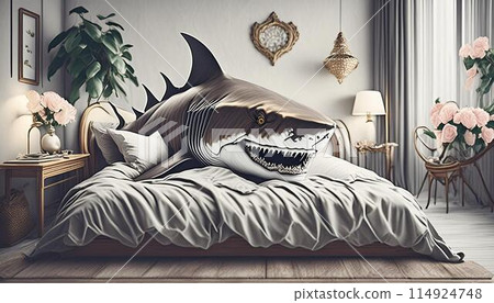 A ferocious shark lying on a bed in a bedroom 114924748