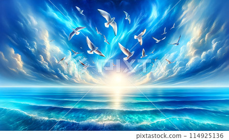 Blue sky, sun and transparent sea 114925136