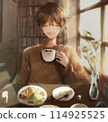 Smiling boy having lunch at a coffee shop 114925525
