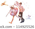 Illustration of a man and woman chasing dragonflies 114925526