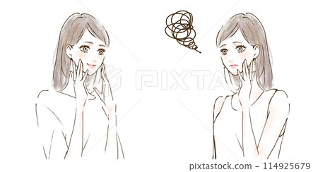 Illustration set for before and after skin care beauty: Contrasting women's expressions of solutions and worries Illustration set for before and after skin care beauty: Contrasting women's expressions of solutions and worries 114925679