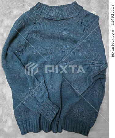 Handmade knitted products. Knitted fabric made of dark threads. Woman pullover. 114926118