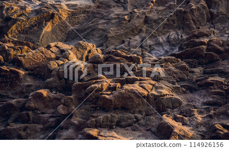 A large rocks surrounded by waves of the ocean 114926156