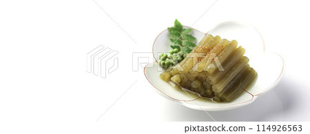 Spring wild vegetable dish: Boiled butterbur (white background) Spring wild vegetable dish: Boiled butterbur (white background) 114926563