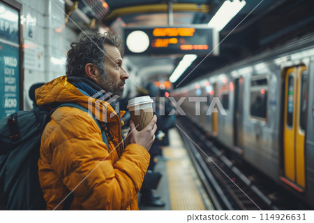 A middle-aged man with gray hair and a beard holds a cup of coffee on a busy subway platform in the morning. A middle-aged man with gray hair and a beard holds a cup of coffee on a busy subway platform in the morning. 114926631
