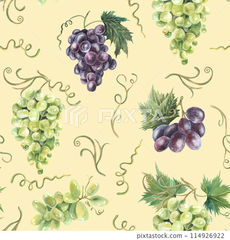 Green and purple, violet grapes watercolor seamless pattern. Hand drawn. For textile. fabric, digital paper. For packaging design. Beige background 114926922