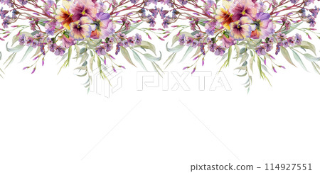 Hand drawn watercolor illustration boho botanical flowers leaves. Pansy viola, willow eucalyptus branch, bergenia heliotrope, tendrils. Seamless banner isolated white. Design wedding suite, love cards Hand drawn watercolor illustration boho botanical flowers leaves. Pansy viola, willow eucalyptus branch, bergenia heliotrope, tendrils. Seamless banner isolated white. Design wedding suite, love cards 114927551