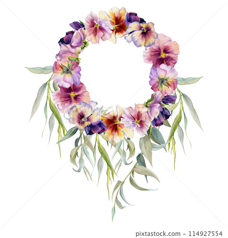 Hand drawn watercolor illustration, victorian botanical flowers leaves. Pansy viola violet, willow eucalyptus laurel branch. Wreath frame isolated on white background. Design wedding, love cards Hand drawn watercolor illustration, victorian botanical flowers leaves. Pansy viola violet, willow eucalyptus laurel branch. Wreath frame isolated on white background. Design wedding, love cards 114927554