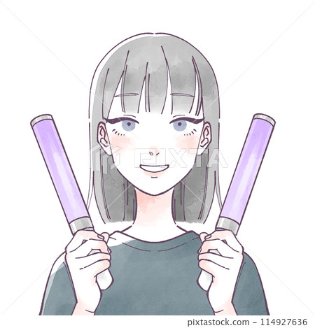 一個黑短髮的女人,雙手拿著筆燈,水彩 一個黑短髮的女人,雙手拿著筆燈,水彩 114927636