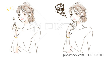 Women's illustration set, worries and solutions, before and after, simple Women's illustration set, worries and solutions, before and after, simple 114928109