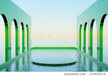 Colorful design of arched walls and rippling water. 3d render 114928414
