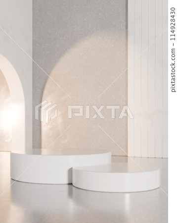 3D rendering image of round podiums for product presentation in studio 3D rendering image of round podiums for product presentation in studio 114928430